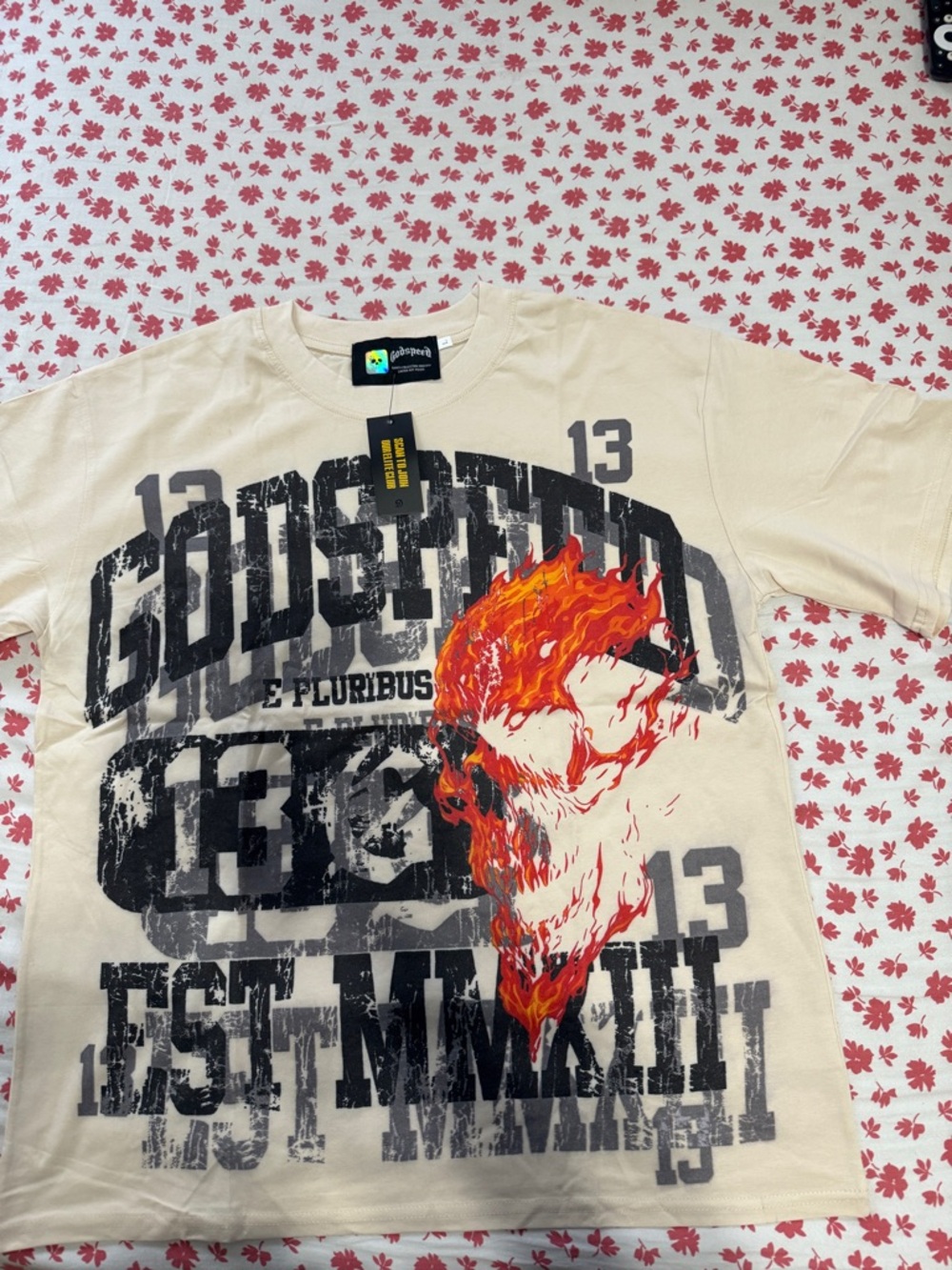 Godspeed - Men's Beige Short-Sleeve Graphic Tee with Flaming Skull Print